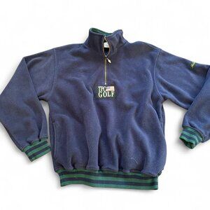 vintage 90s navy blue fleece quarter-zip pullover with green accents and a TPC